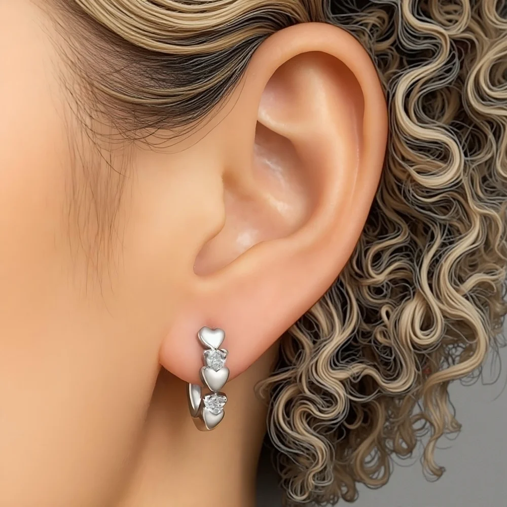 Minimalist Hoop Heart Earrings S925 Sterling Silver Dainty Zirconia Gift